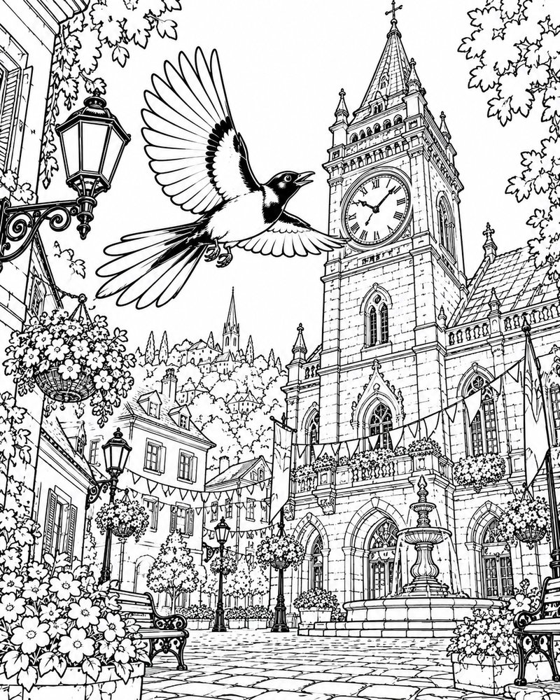 Colouring page of the Lantern Hill clock tower and magpie