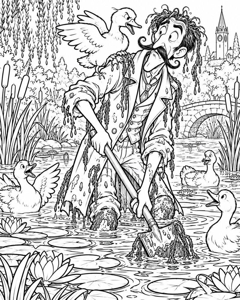 Colouring page of Victor Vane stuck in the duck pond